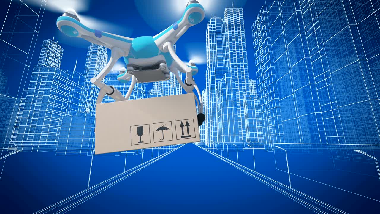 높은 타워와 건물들 사이에서 도시 거리를 날아다니는 패키지를 배달하기 위해 서두르는 아름다운 드 터.