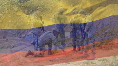 animación de la bandera de colombia sobre soldados caucásicos con armadura