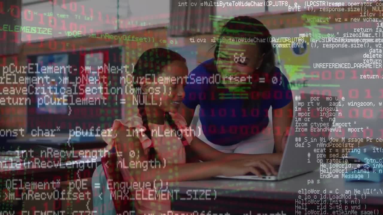 Animation of data processing over biracial female teacher and girl using laptop at school