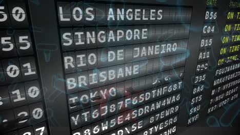 airport departure board against multiple covid-19 cells floating on grey background