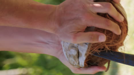 quitando la cáscara para llegar al coco en el interior - formato vertical de primer plano