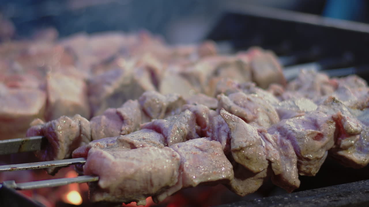 클로즈업  ⁇ 고기, 시시 케 ⁇ , 야외 그릴링, 돼지고기, 샤슬릭, 피크닉, 바베큐.