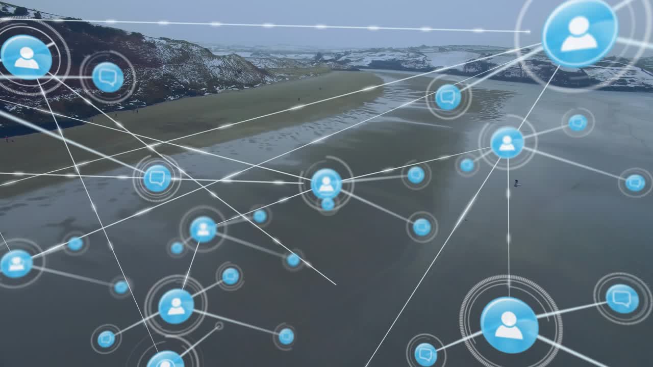 Data fremkalder blåt brugerikon, der udstråler linjer, der forbinder enhedsknuder over en strand, viser datastrøm