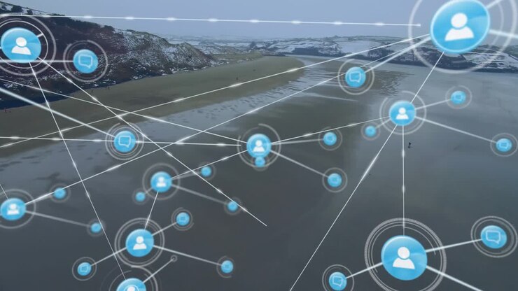 Data summoning blue user icon radiating lines connecting device nodes over beach showing data flow