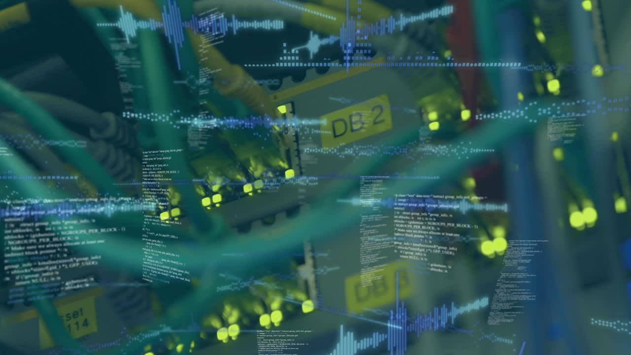 Animation of soundwaves, graphs and computer language over wires connected to modems