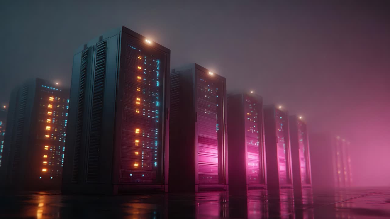 Racks de servidores de dados iluminados em um ambiente de névoa, mostrando soluções de armazenamento de alta tecnologia com luzes coloridas e elementos de design futuristas