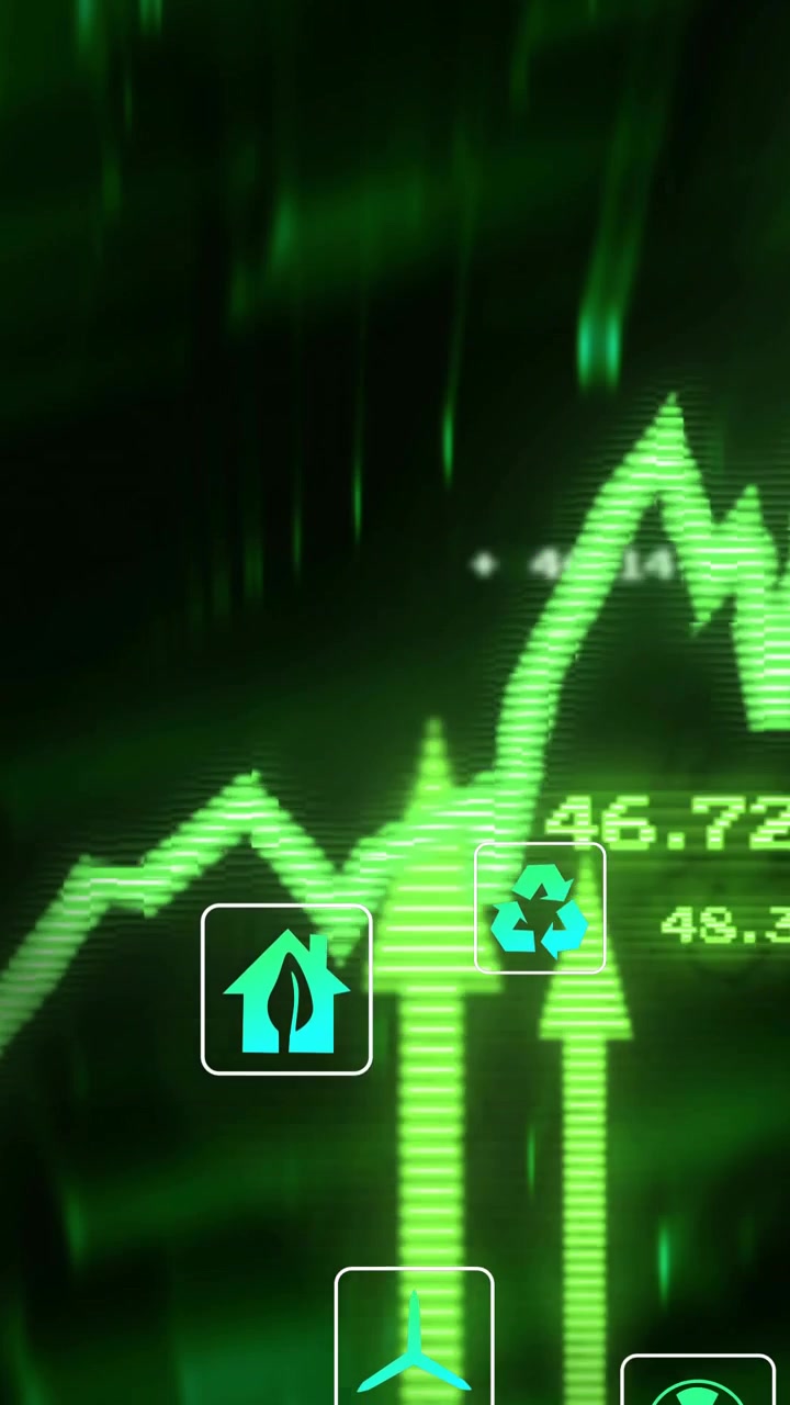 Video verticale: Una linea al neon che si sposta a destra in fase di aggiornamento, che cala, che sale rapidamente, aggiungendo icone eco, mostrando progressi.