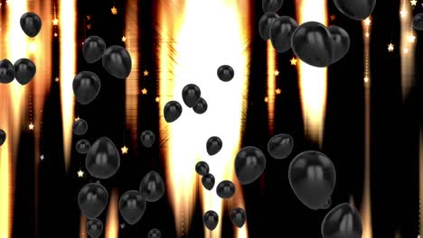 Animation-Von-Schwarzen-Luftballons,-Die-über-Leuchtende-Lichter-Fliegen