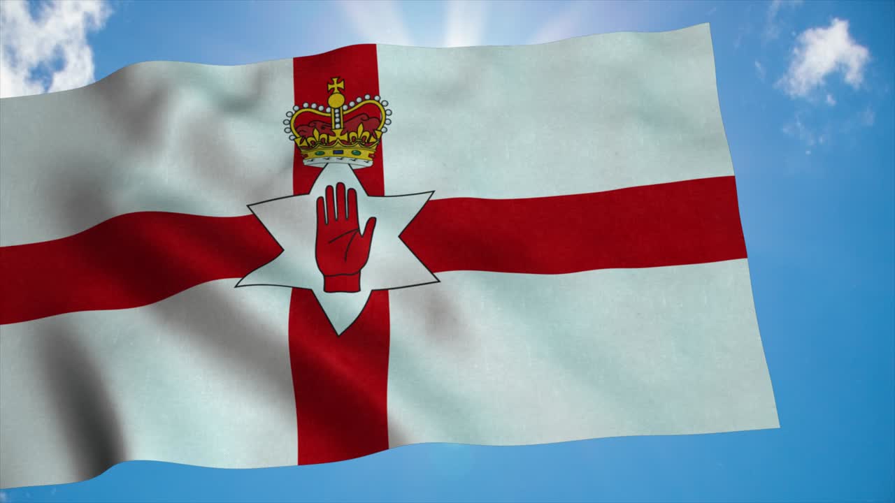 북아일랜드 국기가 바람에 흔들리는 파란 하늘 배경