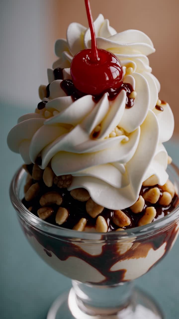 Close-up shot of a decadent ice cream sundae with whipped cream, nuts, chocolate syrup, and a cherry