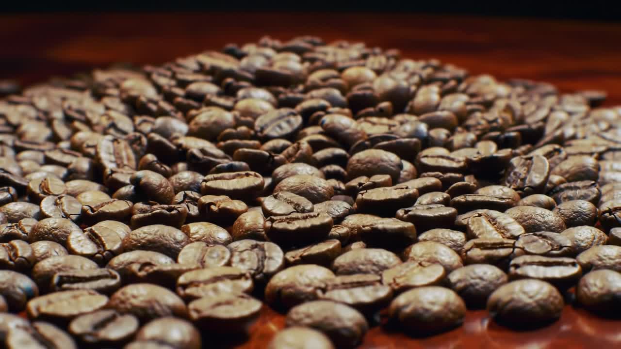 Captivating Journey of Coffee from Fresh Beans to Aromatic Richness: A Close-Up Exploration of Coffee Beans on a Polished Wooden Surface