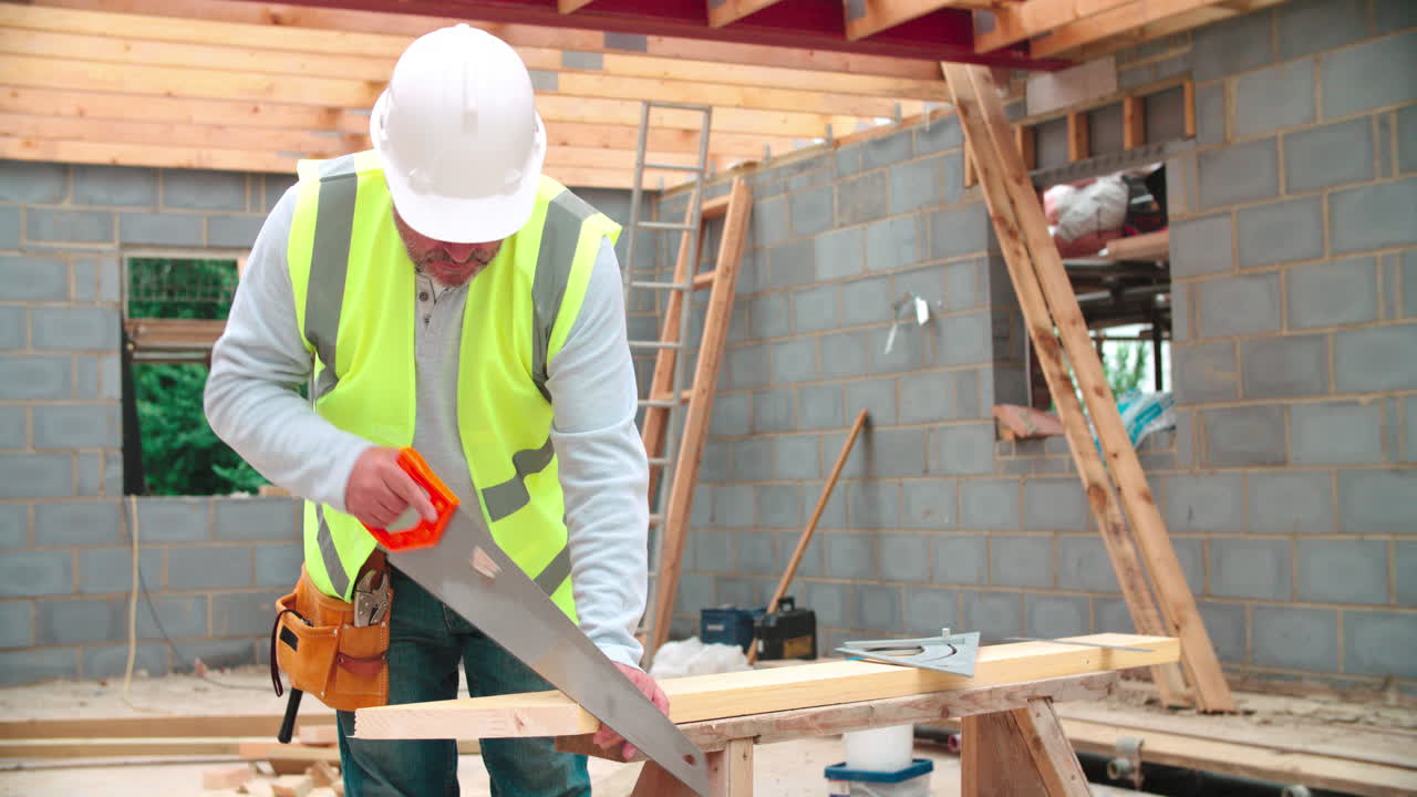 carpintero cortando soportes de techo de la casa en el sitio de construcción