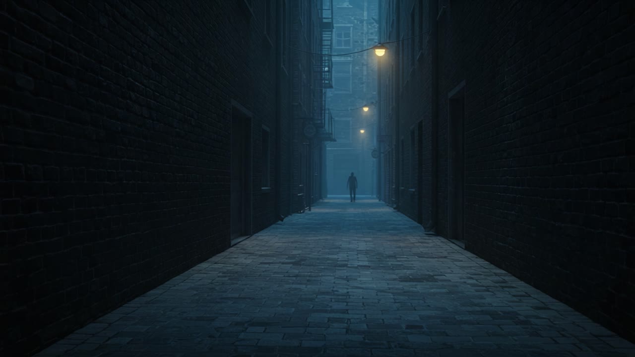 Mysterious Figure Walking Through Dimly Lit Alleyway Surrounded by Historic Brick Buildings on a Foggy Night, Capturing an Atmosphere of Intrigue and Suspense