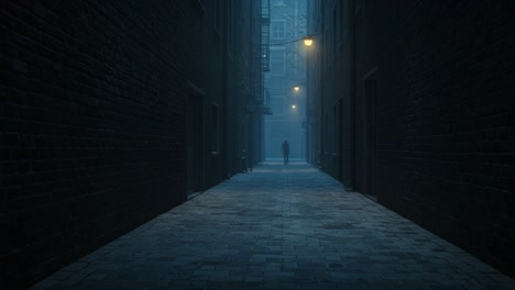 mysterious figure walking through dimly lit alleyway surrounded by historic brick buildings on a foggy night, capturing an atmosphere of intrigue and suspense