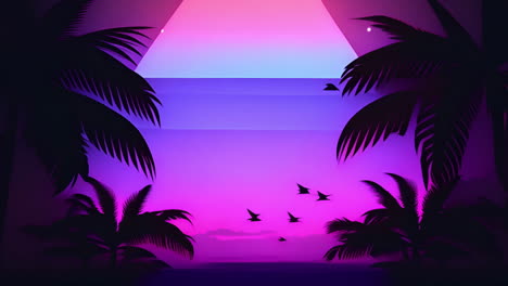 palm trees and flying birds animation over vibrant sunset background