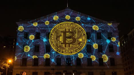 illuminated bitcoin projection displaying cryptocurrency's digital influence on architecture during nighttime, highlighting blockchain technology and digital currency revolution