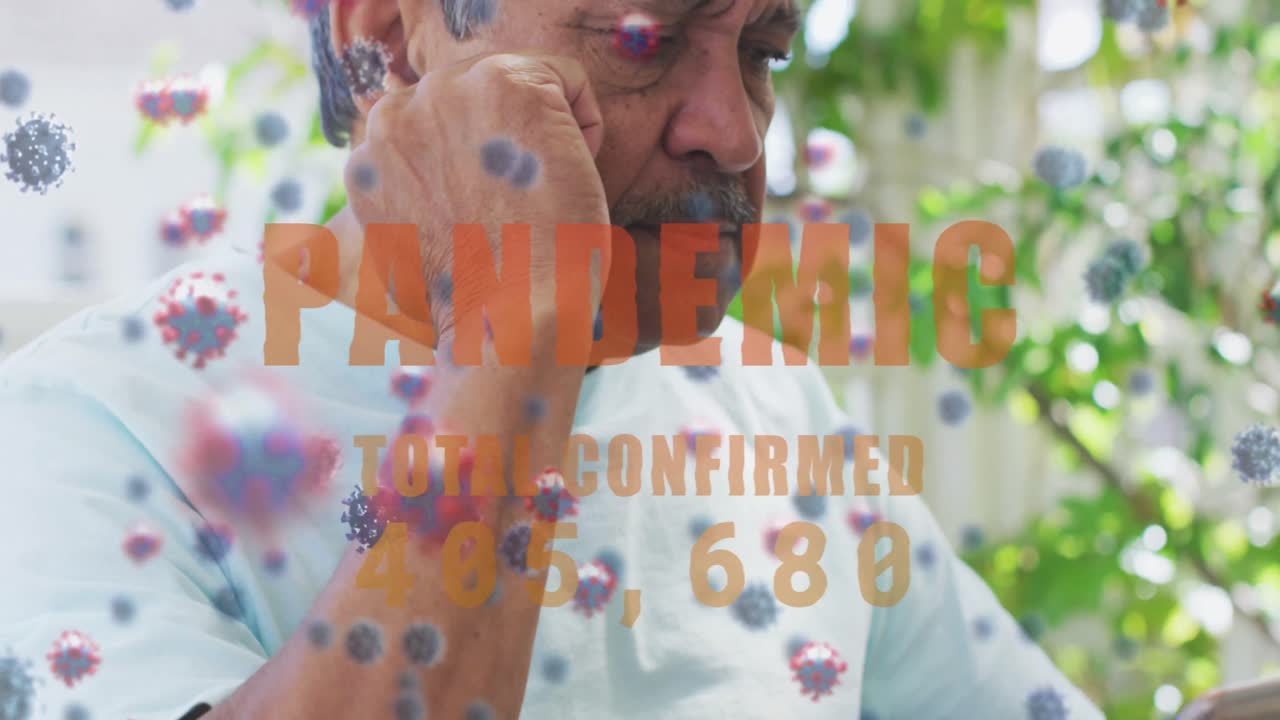 texto pandémico con texto creciente contra el hombre afroamericano que usa tableta digital