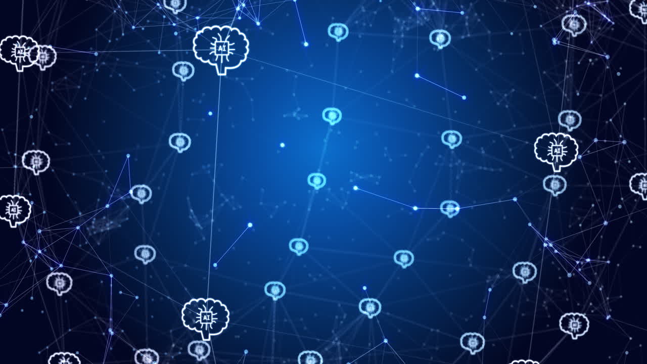 Animation of network of connections with icons on blue and black background