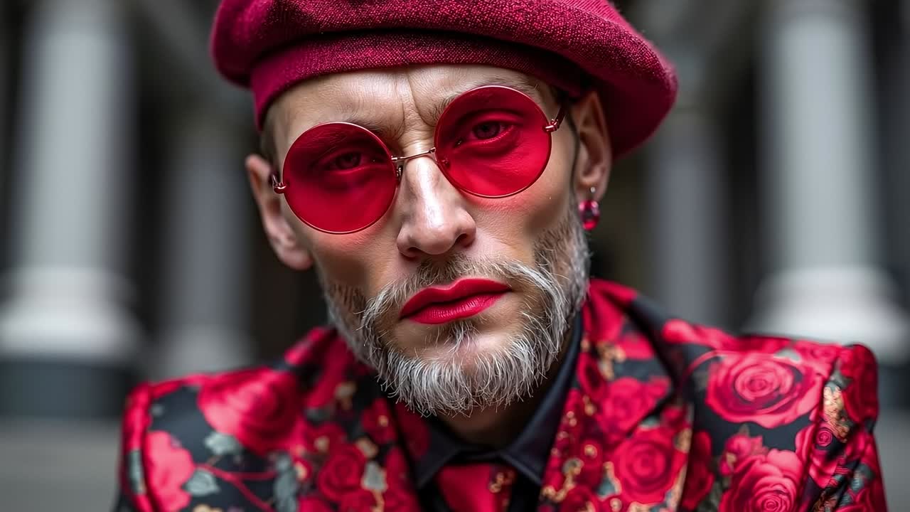 A man wearing a red hat and red sunglasses