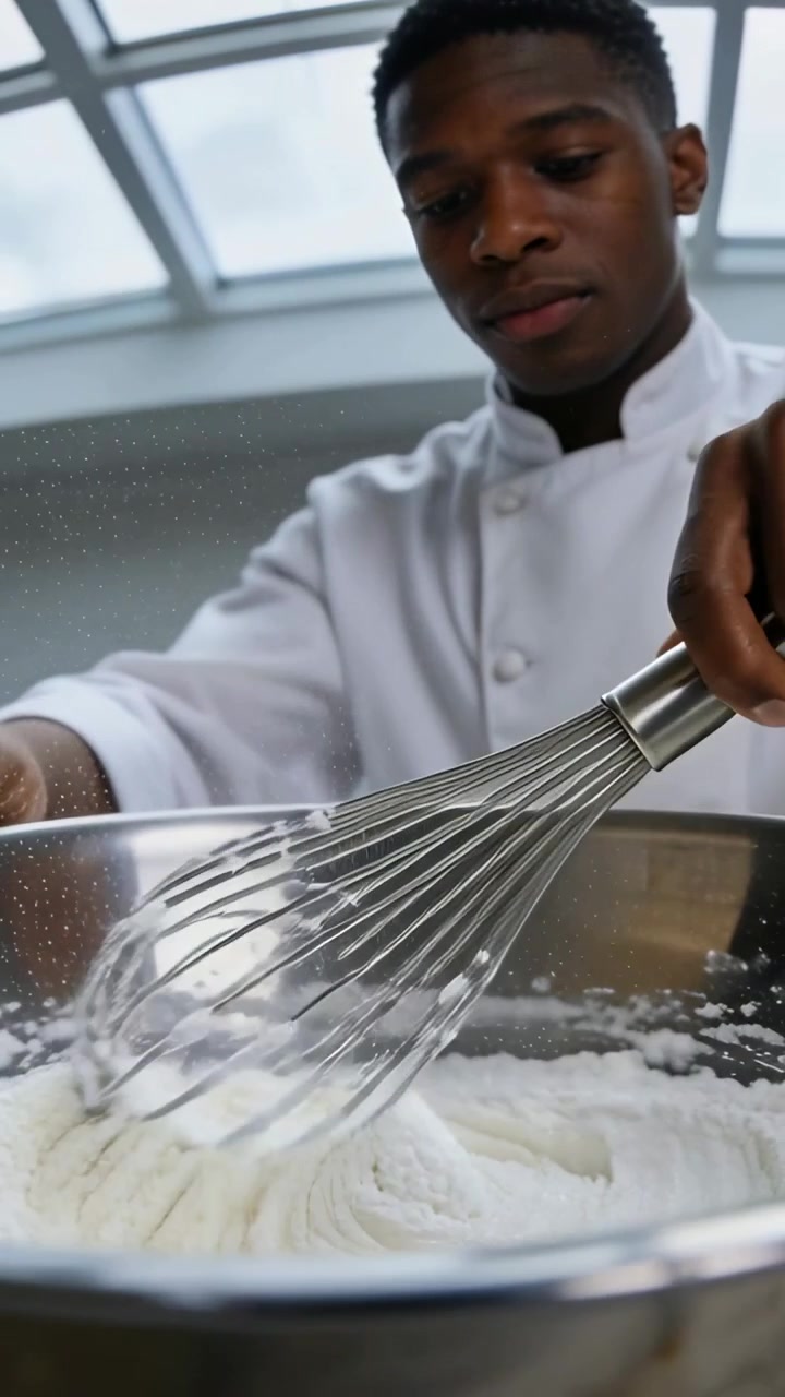 Vertical video: Lifting whisk through flour, chef in white coat mixing in bowl under skylight