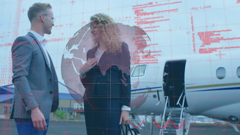 spinning globe and data processing over businessman and businesswoman talking at airport runway