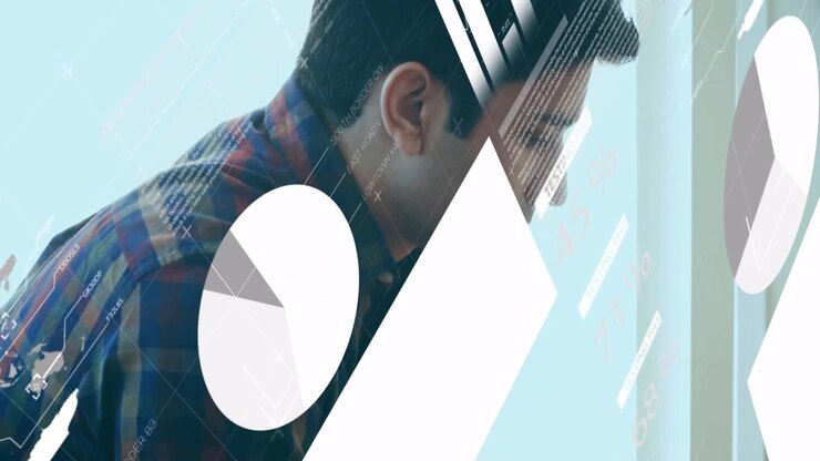 Young Man Using Smartphone with Digital Financial Data Overlay