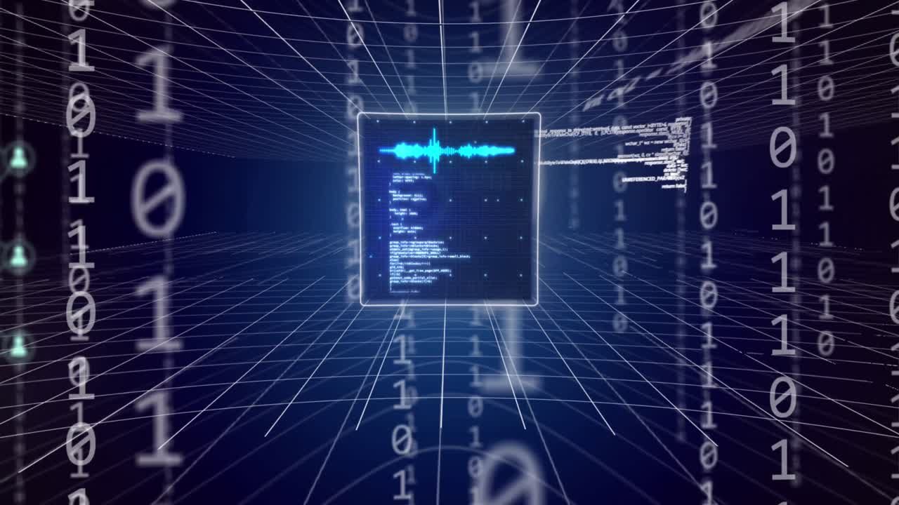 animación de pantallas digitales, iconos, codificación binaria y procesamiento de datos.