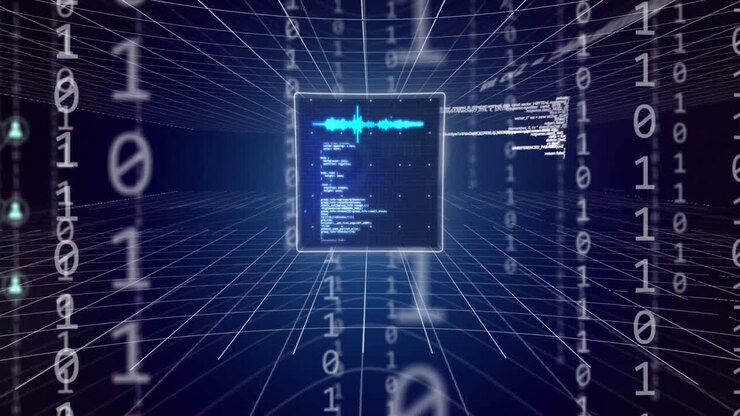 Animation of digital screen, icons, binary coding and data processing