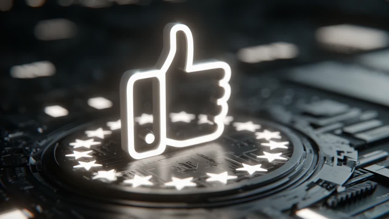 Illuminated Thumbs Up Gesture on Digital Circuitry Background, Symbolizing Approval and Positive Engagement in the Modern Digital Era