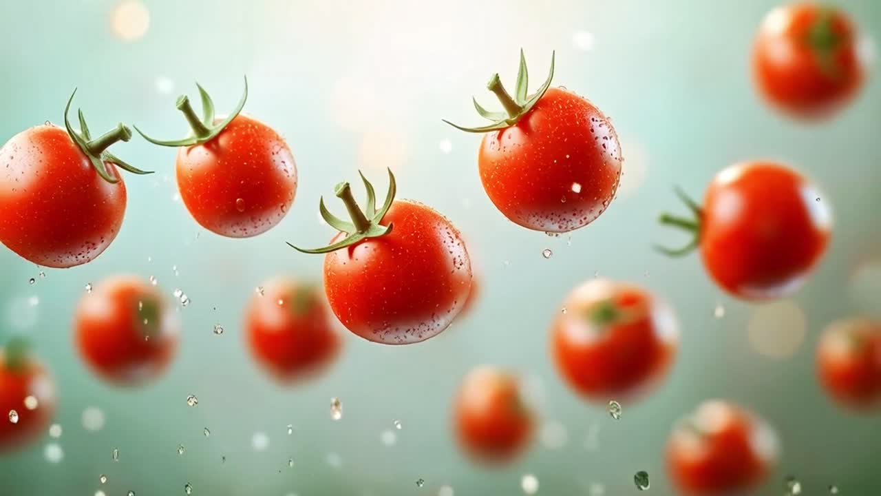 Fresh Red Tomatoes with Water Droplets Falling or Floating