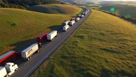 long convoy of semi-trucks on a scenic rural highway