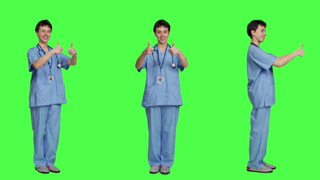 Cheerful-nurse-giving-thumbs-up-sign-against-greenscreen-backdrop,