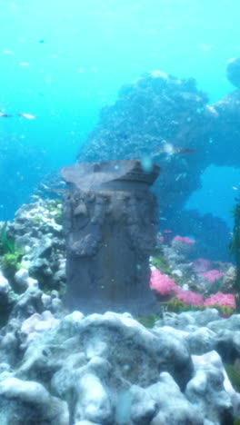 ocean floor holds remains of old city or temple covered in seaweed and coral