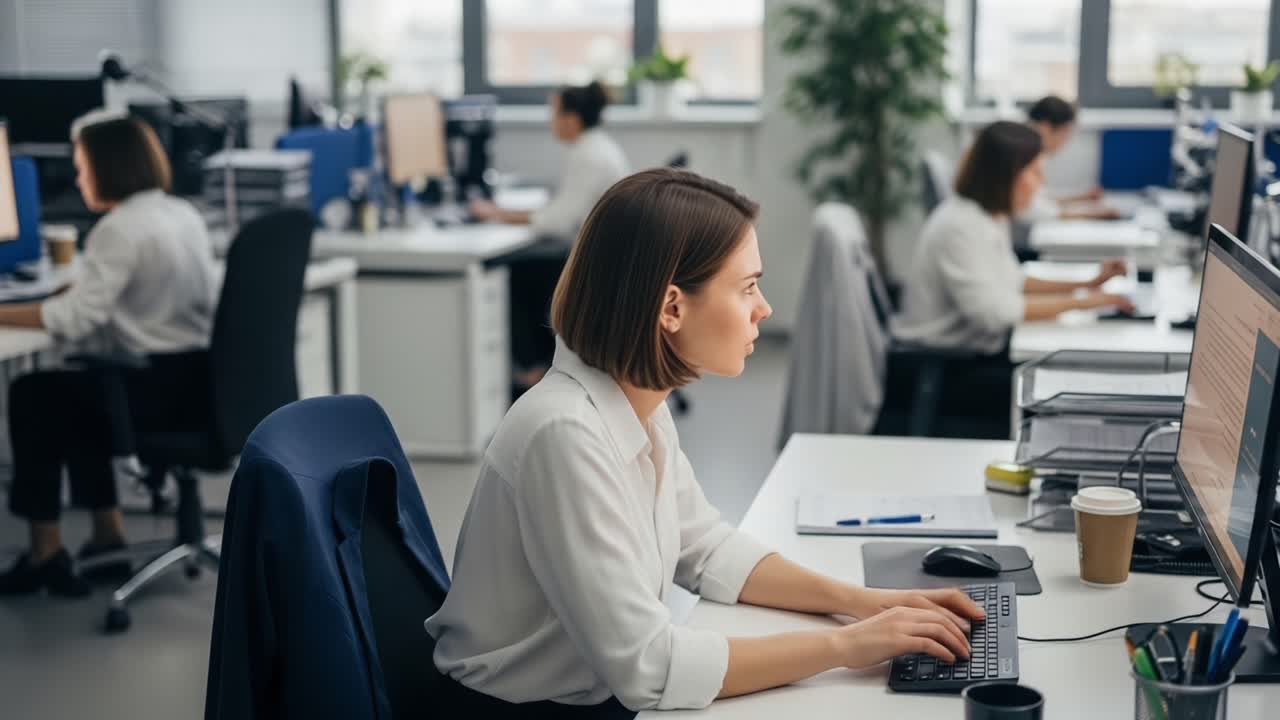 Focused Professional Working in Modern Office Environment Engaged in Computer Tasks with Colleagues in Background, Concentrating on Screen and Typing Intensely