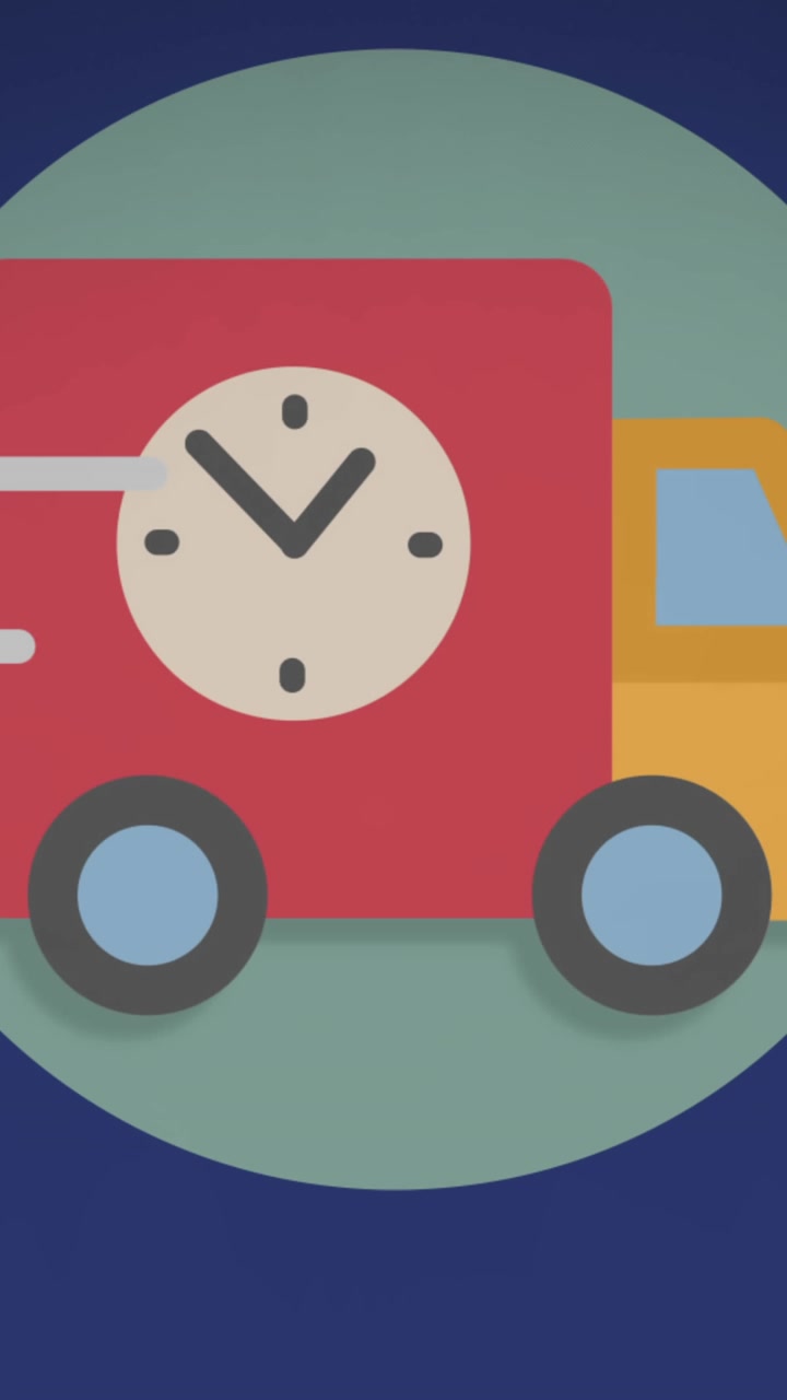 Animation eines Transporters mit Uhrsymbol auf blauem Hintergrund