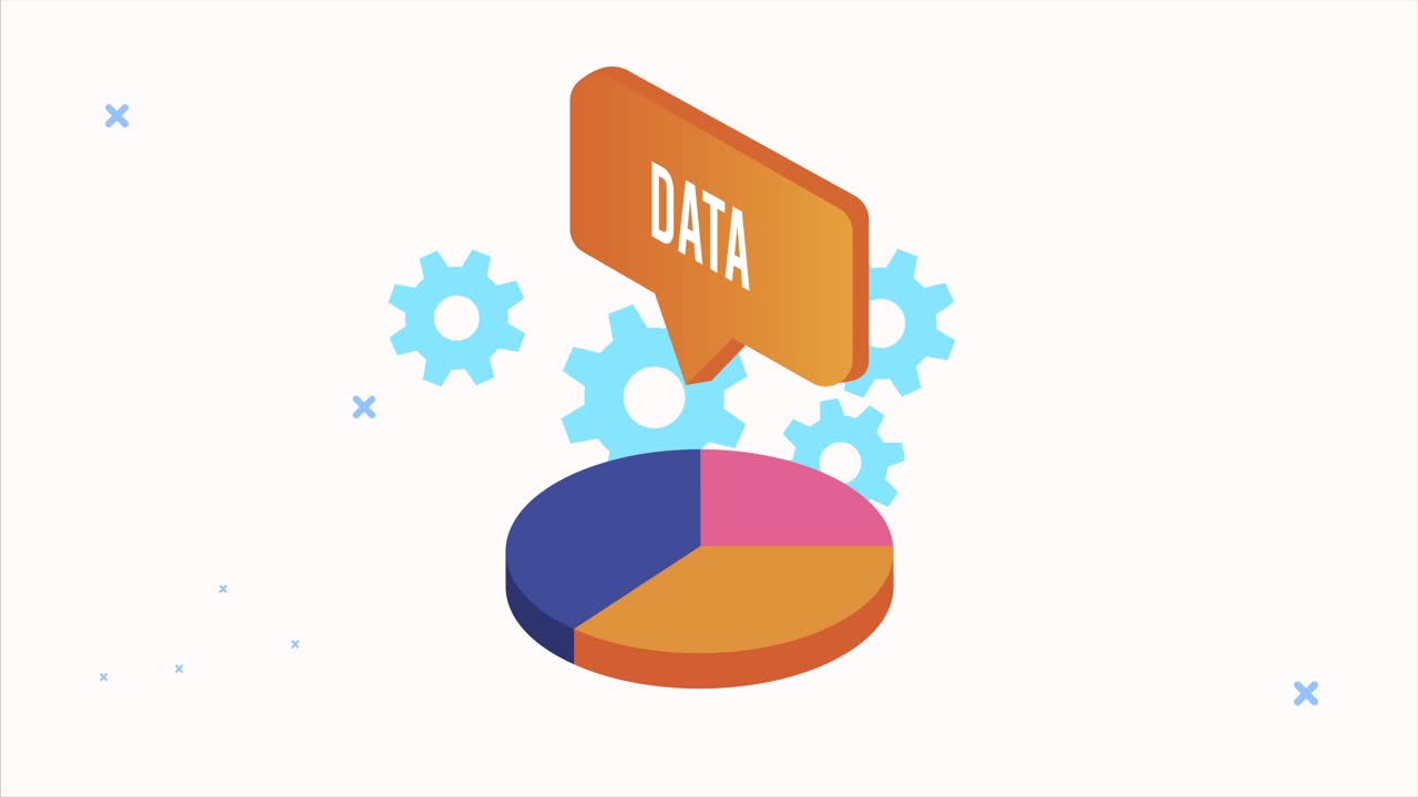 data server analysis animation with statistics pie and gears