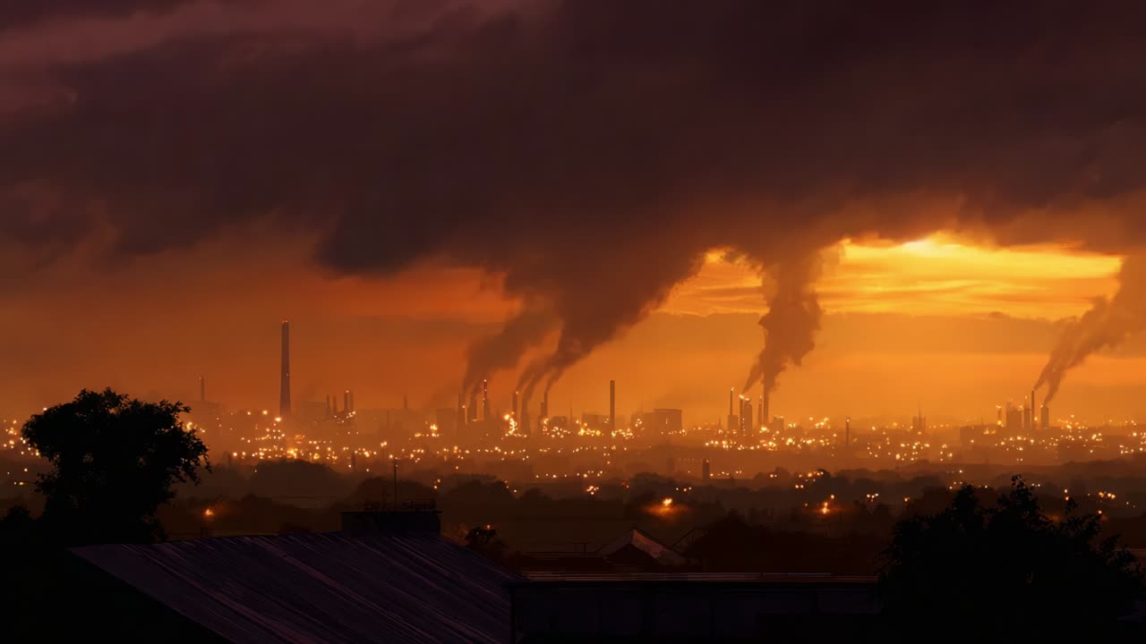A majestic yet haunting industrial skyline at dusk, where smoke billows from towering chimneys against a vibrant sunset backdrop, highlighting the contrast between nature and human impact on the environment