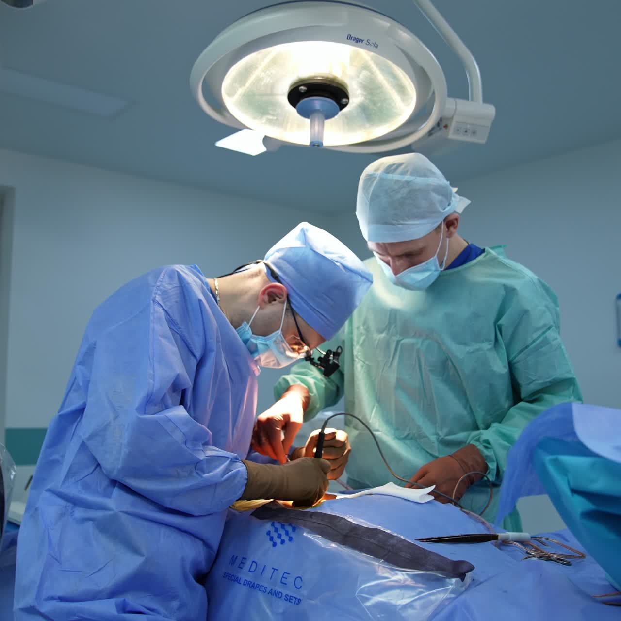 Caucasian doctors performing surgery. Neurosurgery in the technologically equipped modern operational room