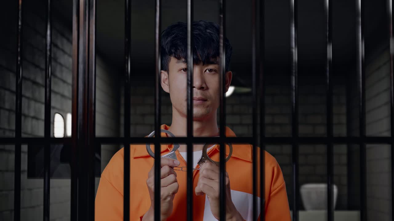 아시아 남성 수감자가 감옥에 서서 카메라에 수갑을 보여주는 클로즈업