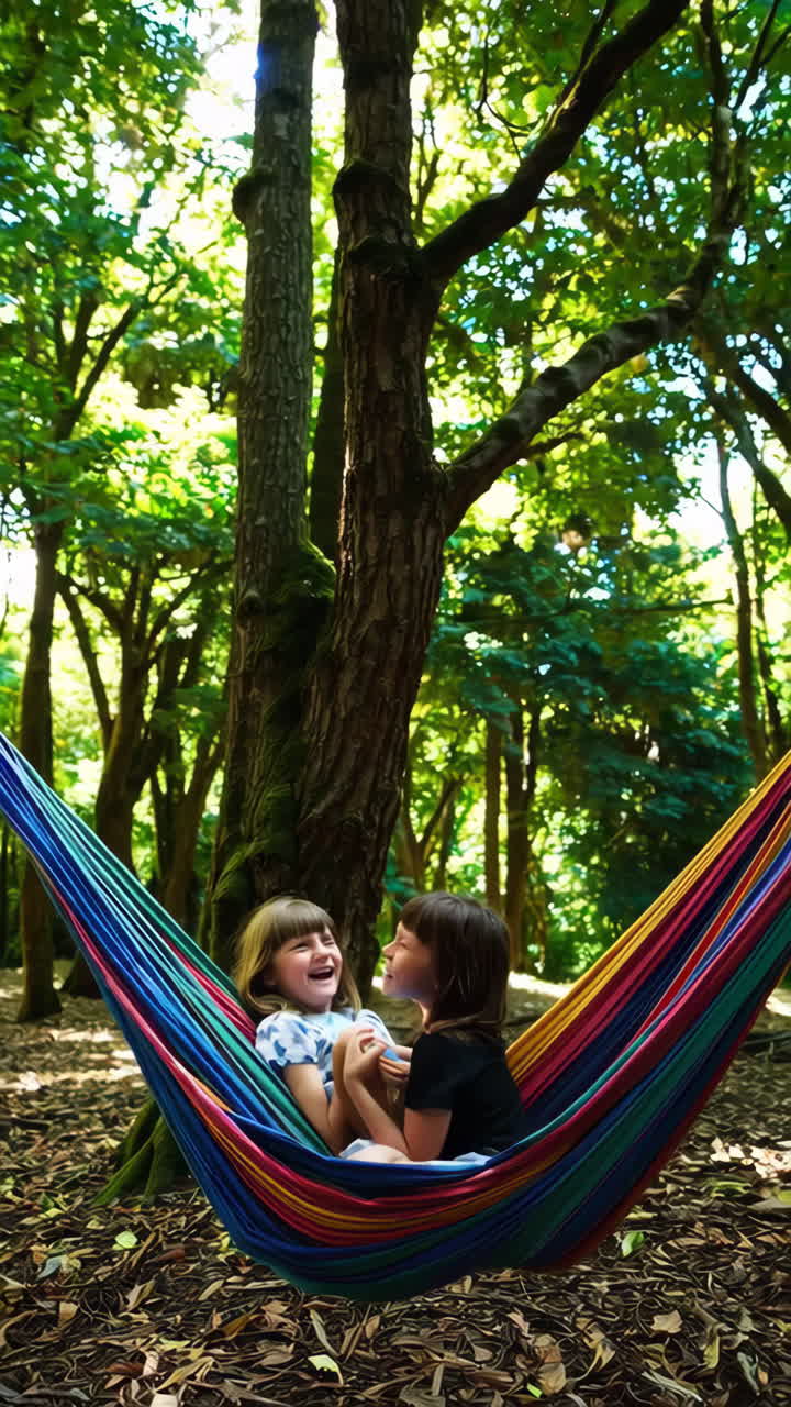 Two young girls playing and laughing in a colorful hammock in a forest