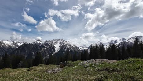 Couple-of-Wild-Marmot-sit-in-Field-in-front-of-Burrous-with-view-over-Snow-Covered-Mountain-Range-in-Background