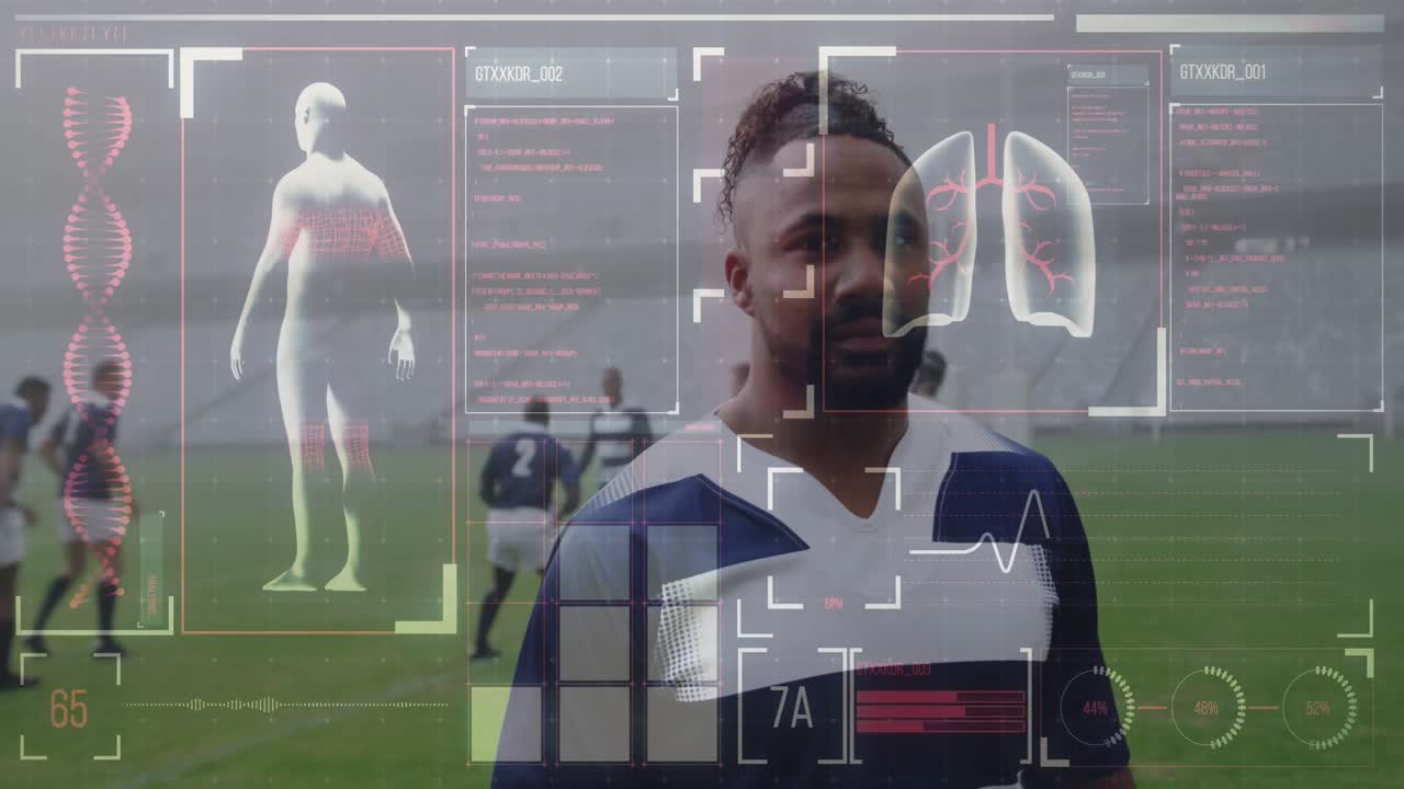 Animation of digital interface with medical data processing over rugby players