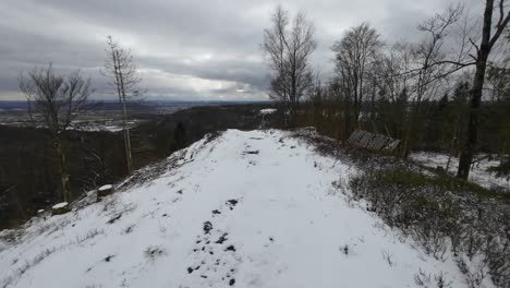 punto de vista de correr hacia un punto de vista elevado en el bosque invernal de turingia.