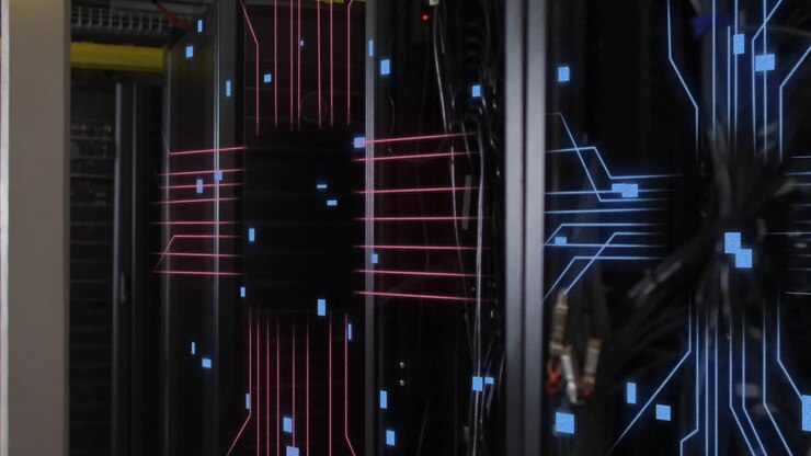 Animation of circuit board and data processing over computer servers