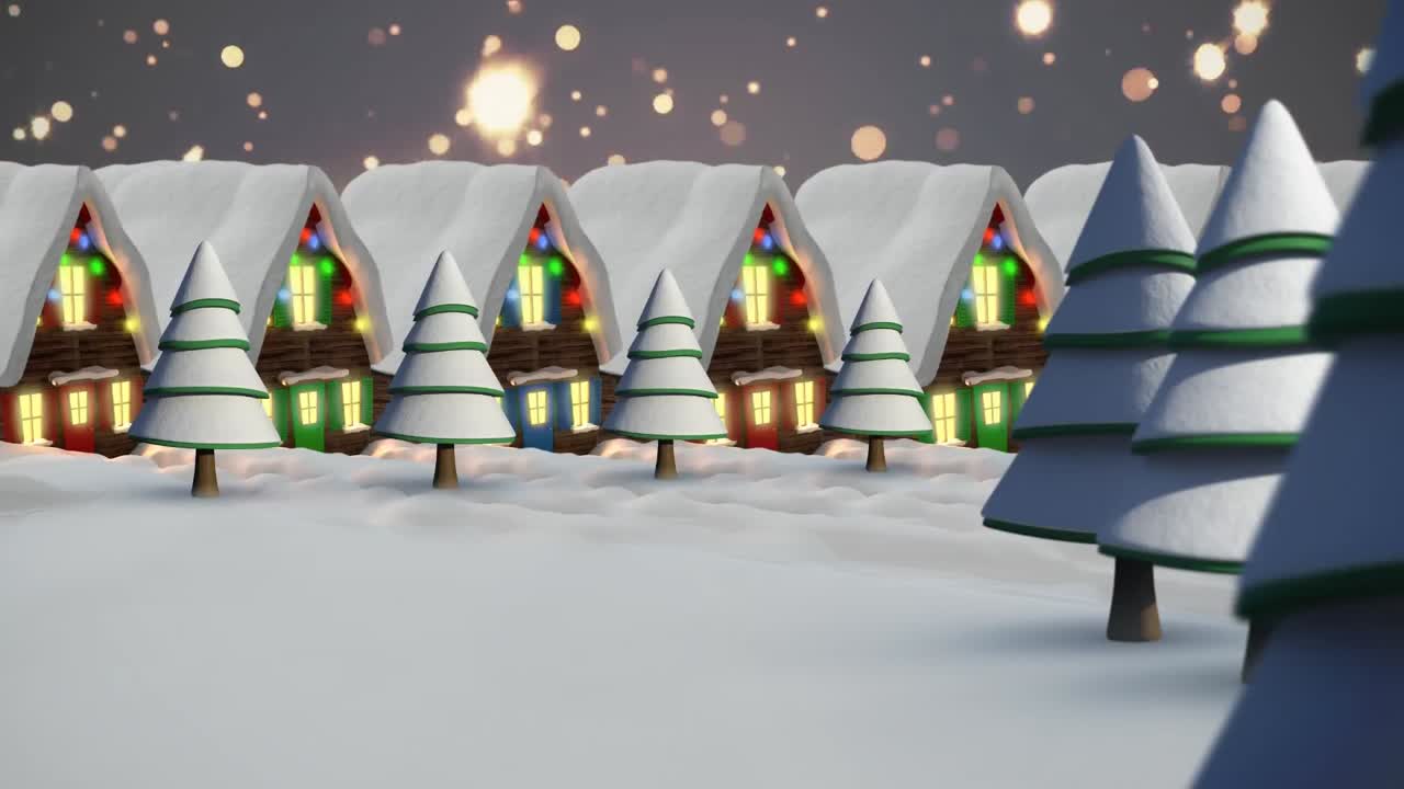 Animación de caída de estrellas y luces de colores sobre casas con luces decorativas.
