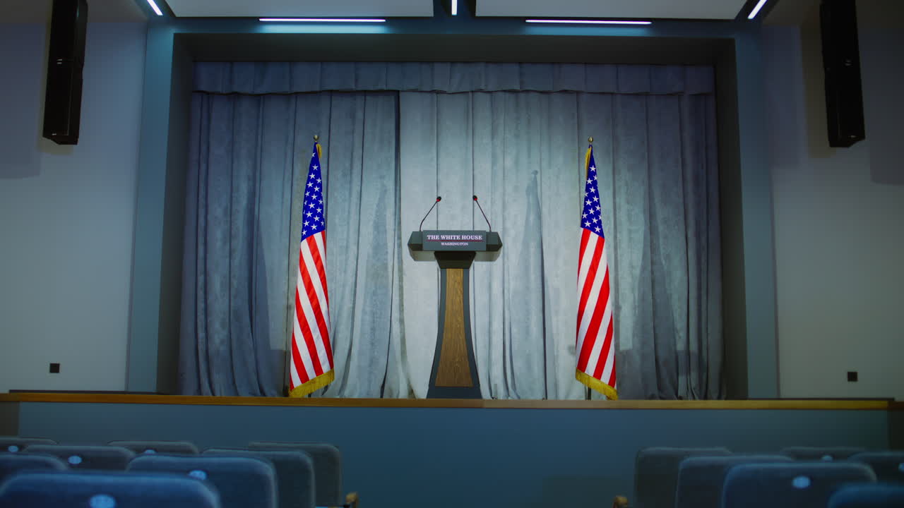 Speech tribune for US President or government representative in the White House. Press conference hall with seats. Wooden podium debate stand with microphones on stage. Backdrop with American flags.