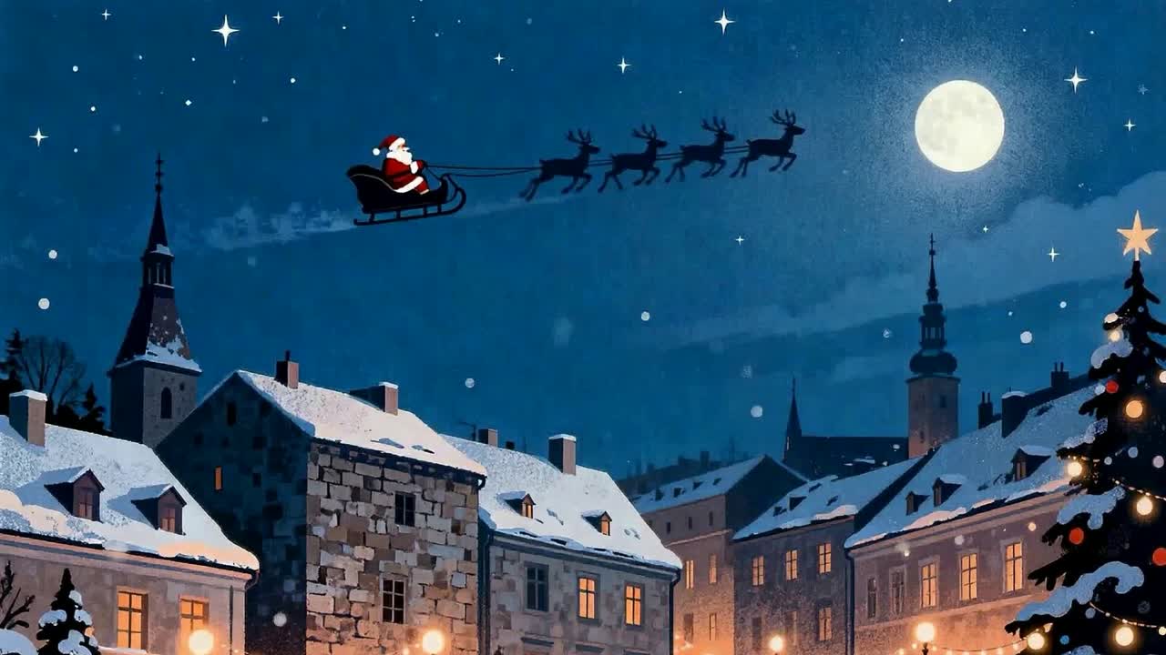 Santa Claus’s Sleigh Flying Across the Night Sky