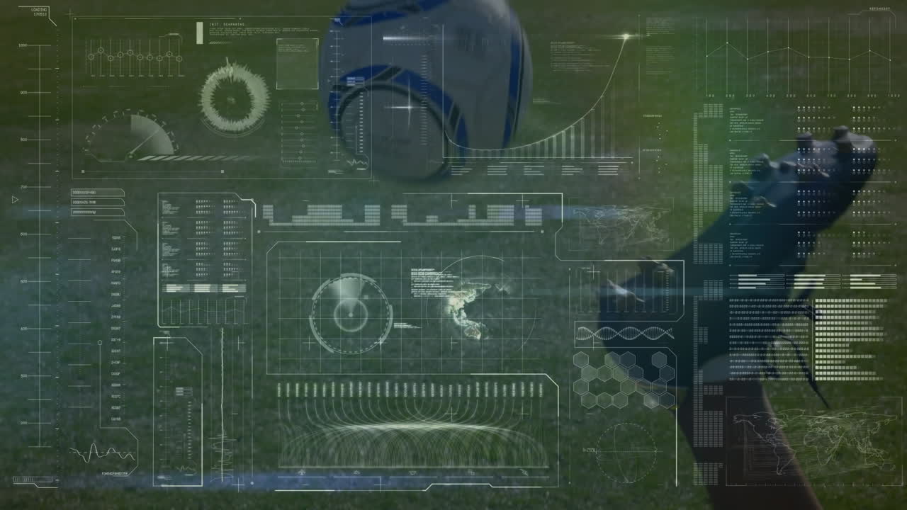 animación de iconos tecnológicos que caen sobre el procesamiento de datos en fondo verde