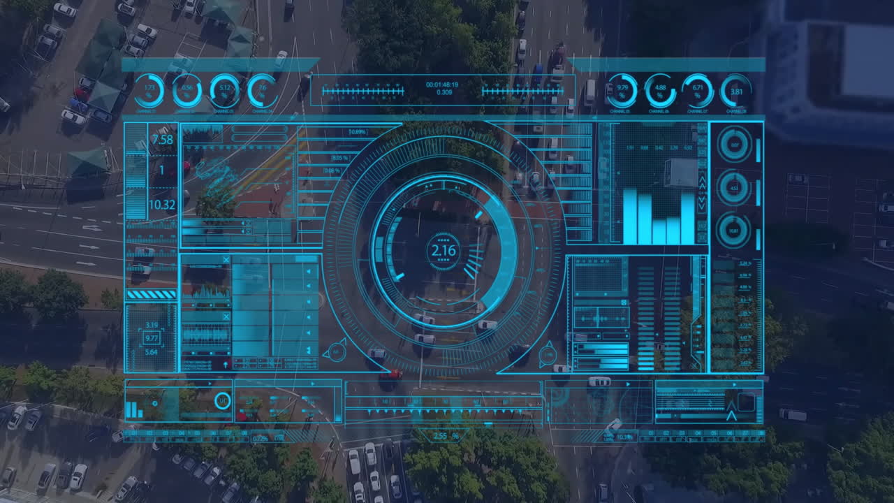 Animation of futuristic digital interface with city streets data visualization