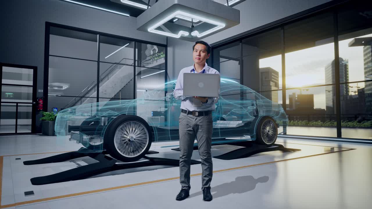 Ingegnere automobilistico che analizza un modello di auto virtuale